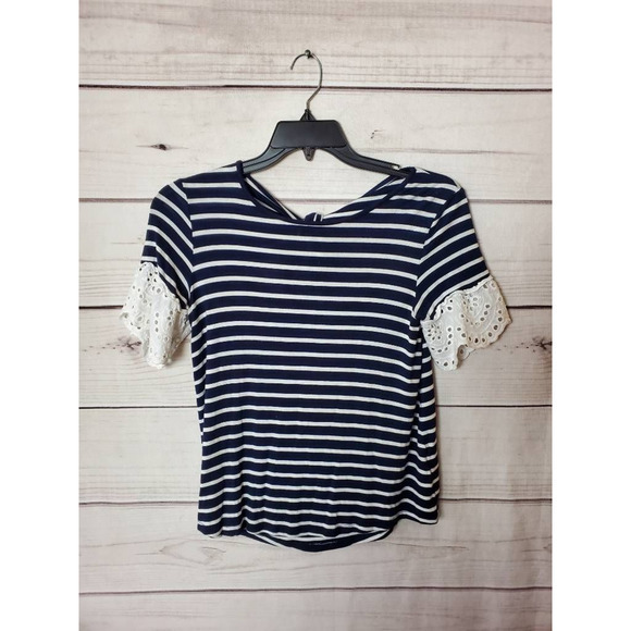 Maurices Womens Blouse Navy White Striped Cutout Tie Back Lace Eyelet Stretch S - Picture 1 of 6